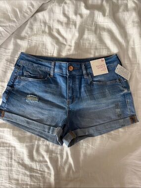 SO Blue stretch denim Distressed Rolled-Hem Jean Shorts shortie 11